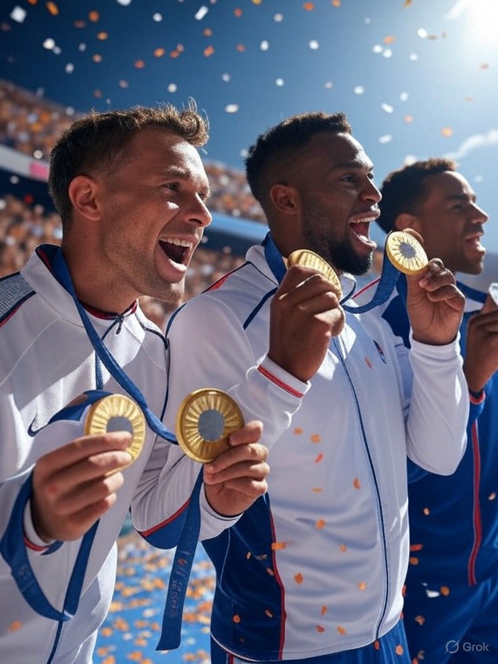 Olympics 2028 medal ceremony – athletes celebrating with medals and confetti