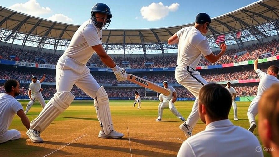 USA cricket players in action with American flags and MLC branding in a full stadium, 2025