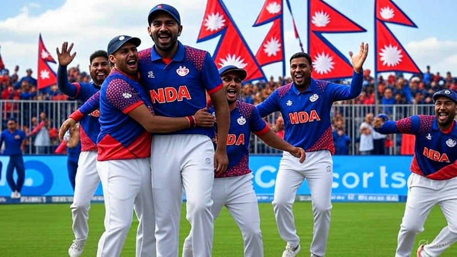 Nepal cricket team celebrating with fans waving flags in a packed stadium, fireworks in background – 2025