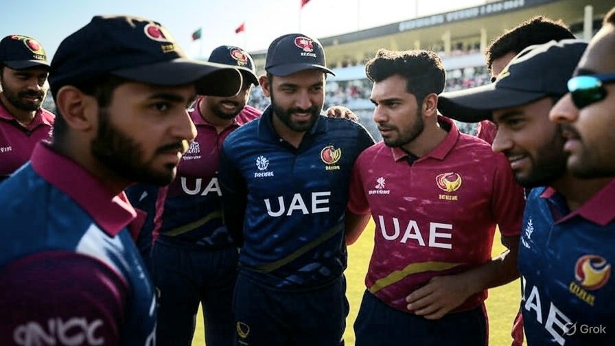 UAE cricket team huddling together inside Sharjah Stadium with crowd, flags, and warm lighting – 2025