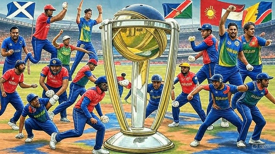Collage of associate nation cricket teams (Scotland, Oman, Netherlands, Namibia, PNG) with action scenes and flags – 2025