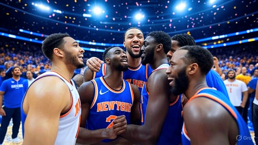 Knicks players celebrate victory with fans after Game 3 win over Pacers – 2025 Playoffs