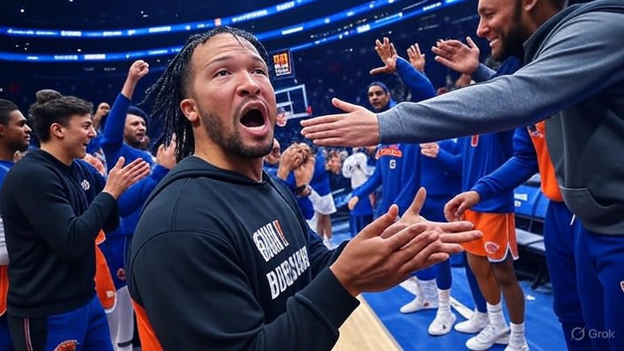 Jalen Brunson celebrates with teammates after scoring 44 points in Game 5 against the Pacers – 2025 NBA Playoffs