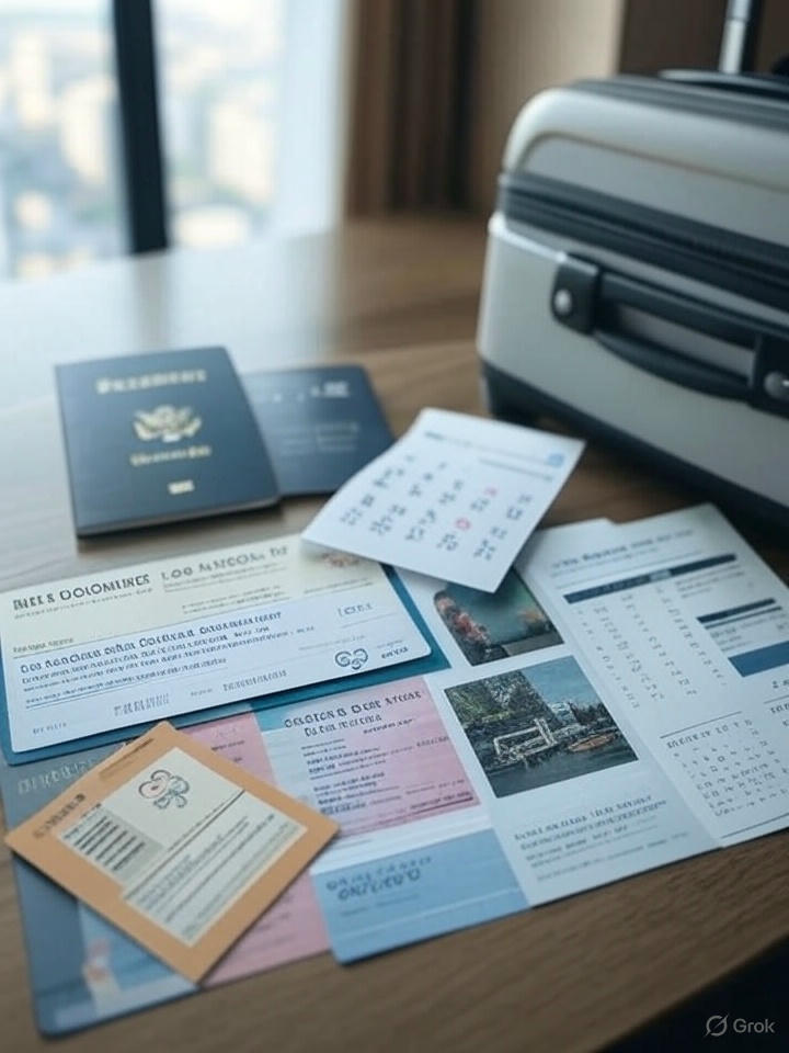 Travel itinerary with flight, hotel, and Olympic ticket laid out