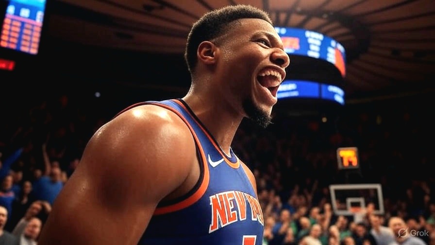 "New York Knicks players celebrating a big win with intense energy during NBA 2025 playoffs - Knicks Storm in action"