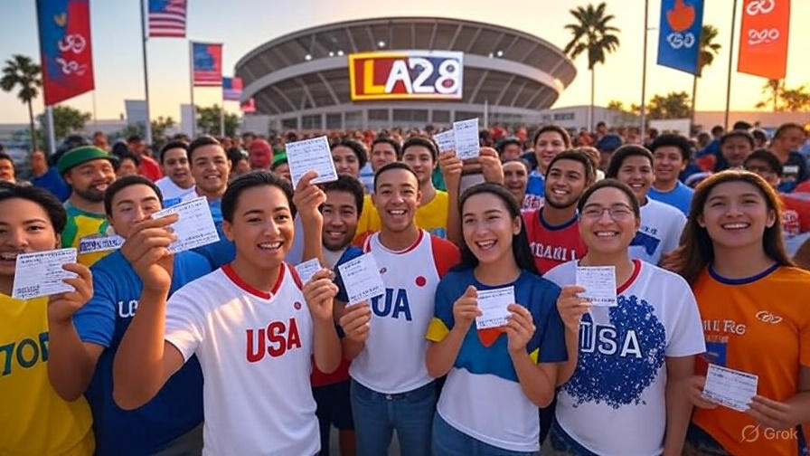 Diverse international fans celebrating with tickets outside Los Angeles Olympic Stadium at sunset