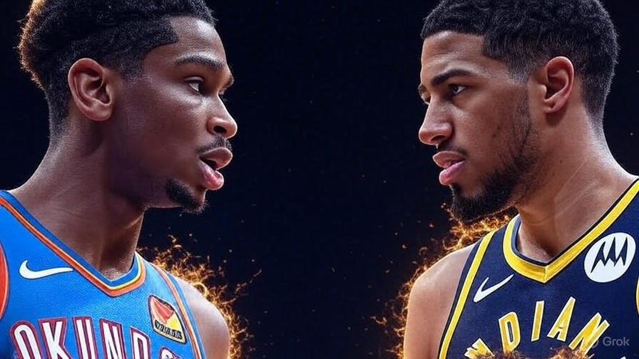 Oklahoma City Thunder vs Indiana Pacers face-off poster, NBA Finals 2025